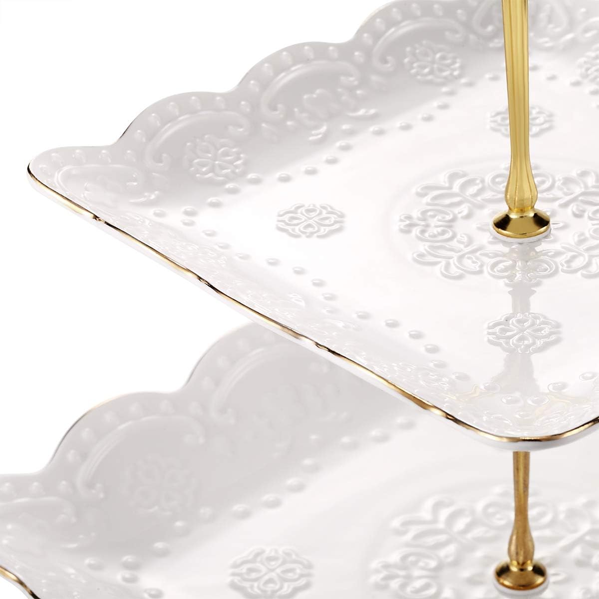 3-Tier Square Ceramic Cupcake Stand, High Tea Stand for Party or Holiday Hosting (with Gold Edge)