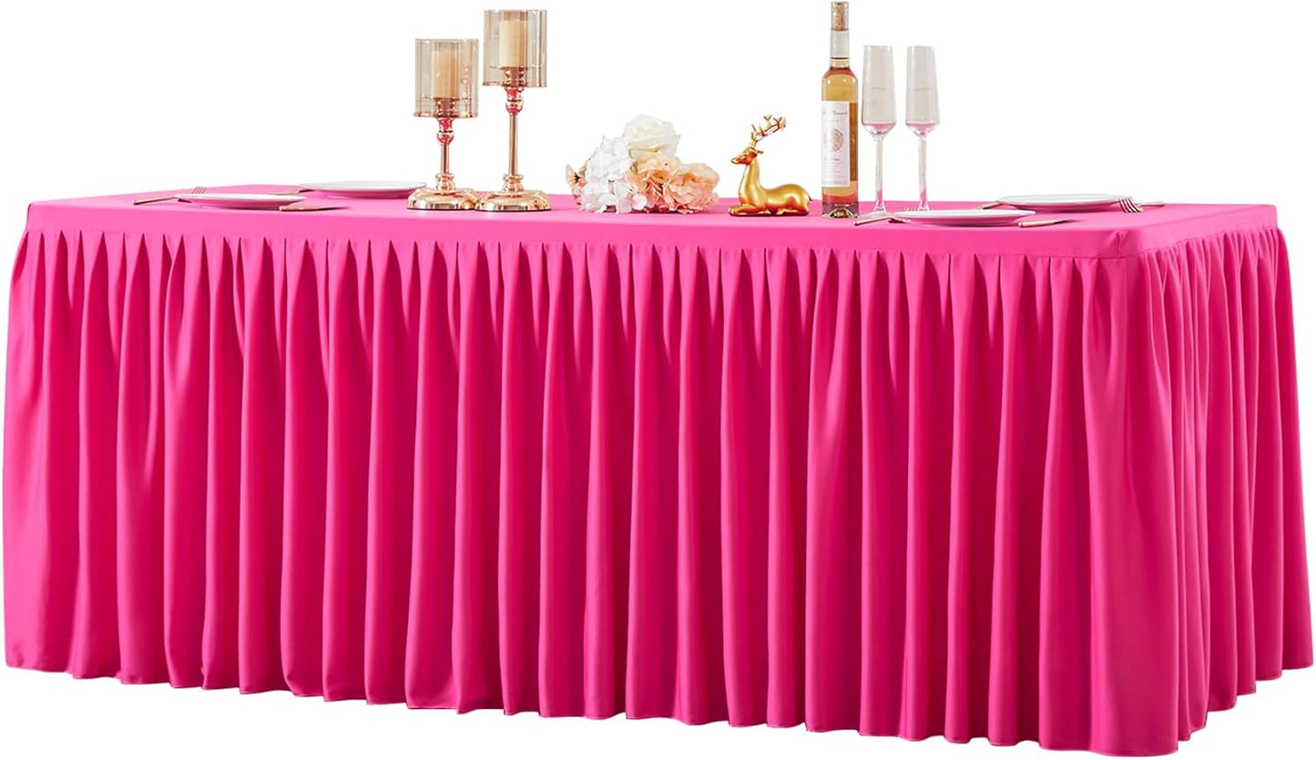 1 Pack Hot Pink Rectangle Table Clothes for 6 Foot Tables, Polyester Wrinkle Free Fitted Tablecloths 6ft Stretch Table Cover with Skirt for Wedding, Birthday, Parties, Trade Show, Craft Show