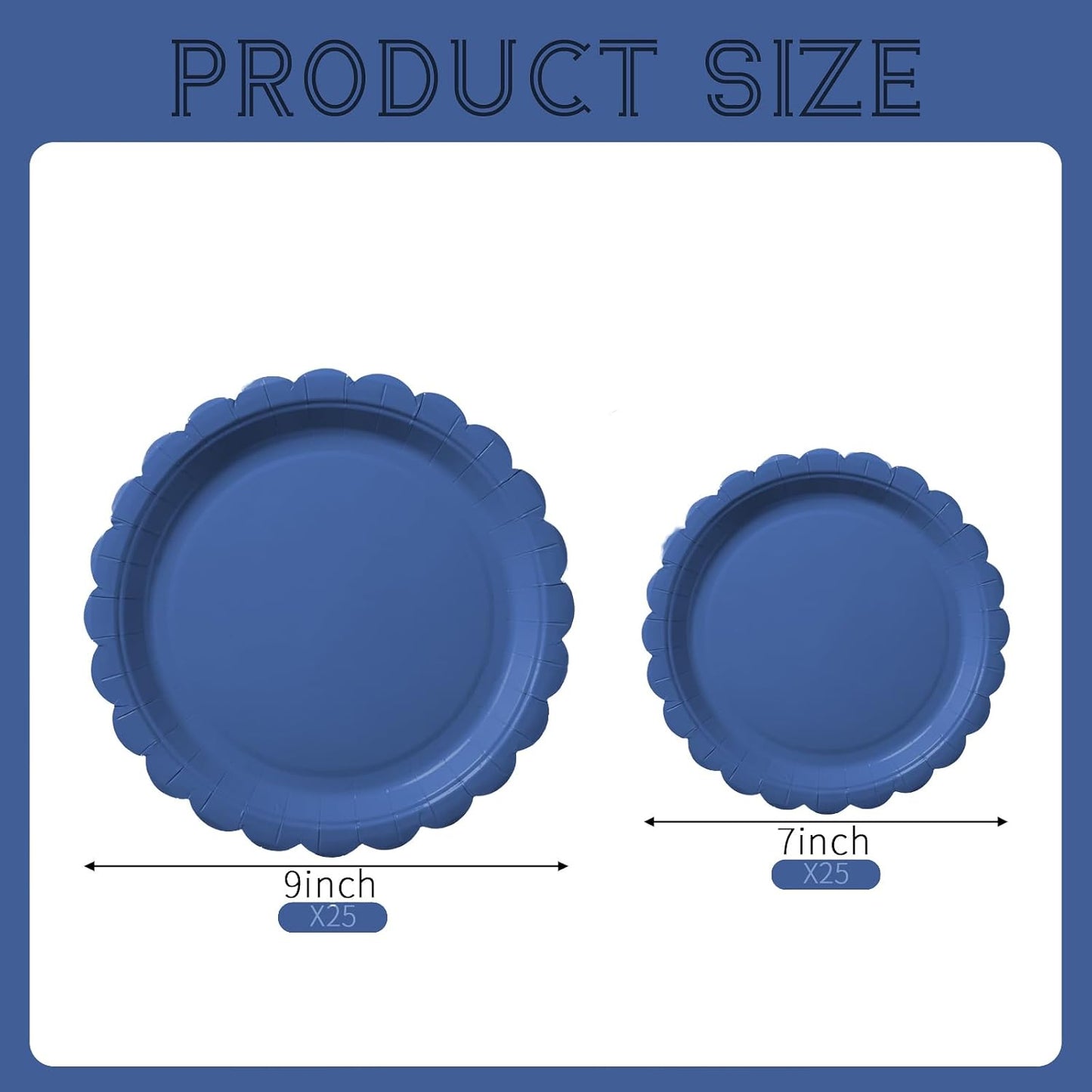 BEFORYOU 50PCS Scalloped Disposable Paper Plates 9IN Dessert Cake Party Plates for Baby Shower, Wedding,Bridal Shower Birthday Party Supplies (Navy Blue, 7IN and 9IN)