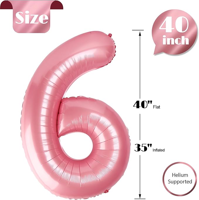 Pearlescent Pink 6 Balloon, Number Balloons 40 Inch, 6th Balloons for Birthday Decorations, Pastel Pink Party Supplies 6 Birthday Balloon, Number 6 Balloon