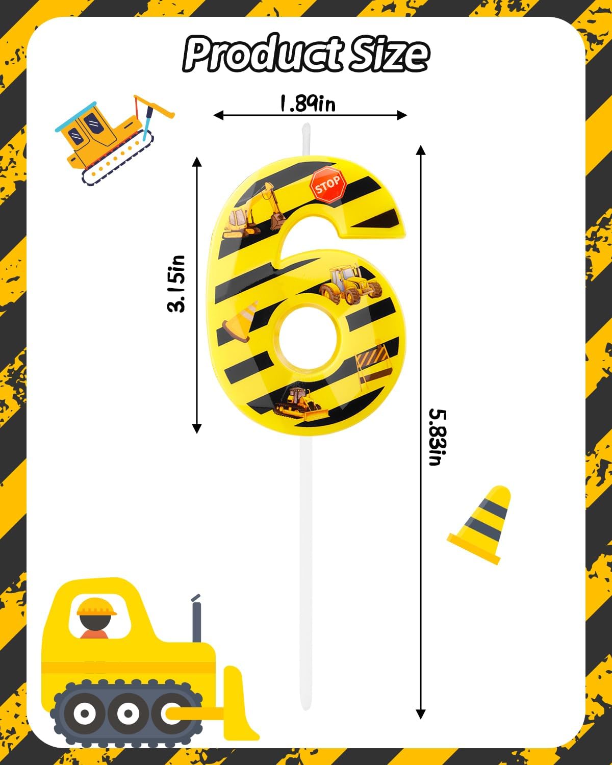 Number 6 Construction Birthday Candle, 2.68 Inch Yellow and Black Striped Candle, Birthday Candles Numbers Construction Cake Topper for Boys Girls, Construction Birthday Party Supplies Decorations