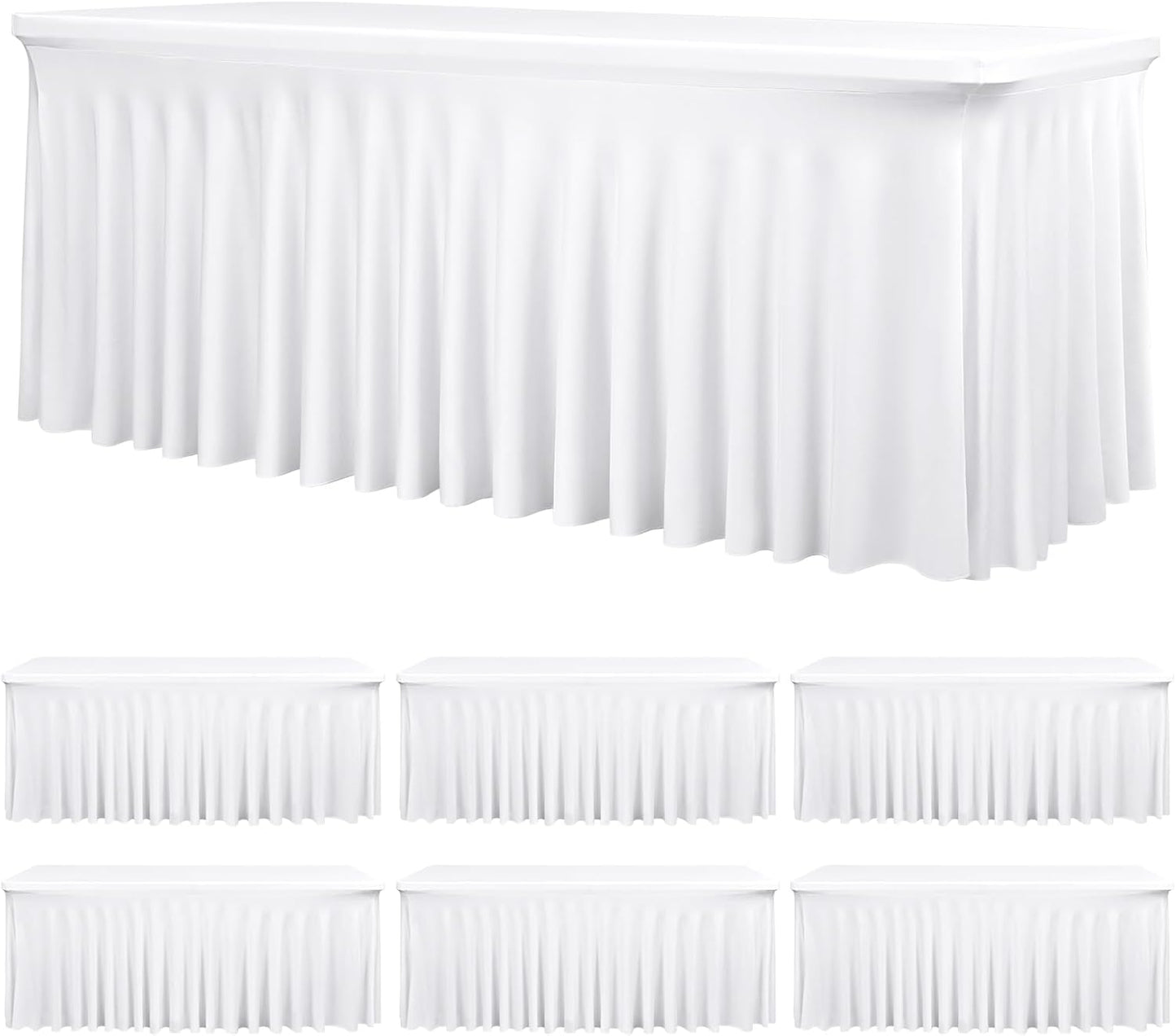 6 Packs White Stretch Table Skirts for 6 Foot Rectangle Table, Washable Spandex Stretch Tablecloths with Skirt, Wrinkle Resistant Fitted Tablecover for Wedding Party Banquet