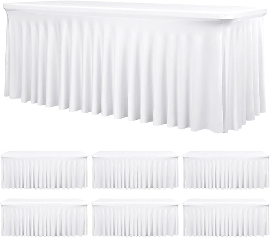 6 Packs White Stretch Table Skirts for 6 Foot Rectangle Table, Washable Spandex Stretch Tablecloths with Skirt, Wrinkle Resistant Fitted Tablecover for Wedding Party Banquet