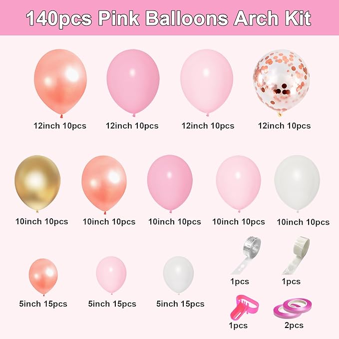 140Pcs Rose Gold Pink Balloons Garland Arch Kit, Light Pink Rose Gold Confetti Balloons for Women Girls Birthday Baby Shower Wedding Graduation Bachelorette Mother's Valentine's Day Party Decorations