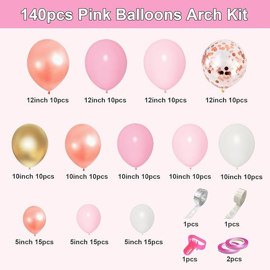 140Pcs Rose Gold Pink Balloons Garland Arch Kit, Light Pink Rose Gold Confetti Balloons for Women Girls Birthday Baby Shower Wedding Graduation Bachelorette Mother's Valentine's Day Party Decorations