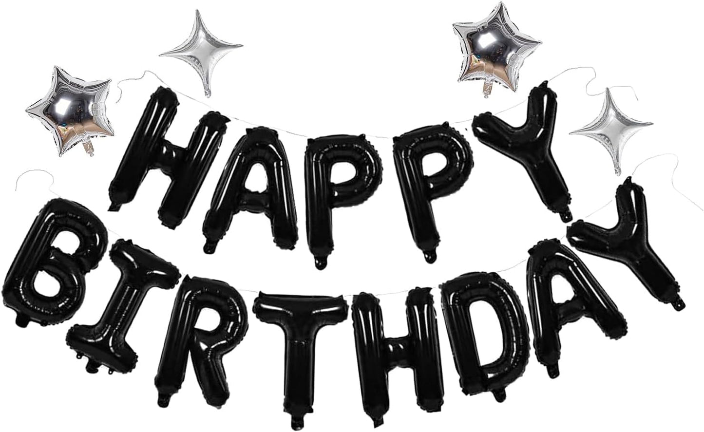 Black Happy Birthday Banner Balloon Aluminum Foil 16 Inch Letter,10 Inch Five Pointed Star Four Pointed Star Suitable for Kids, Men, Women, Boys and Girls Party Decoration Supplies