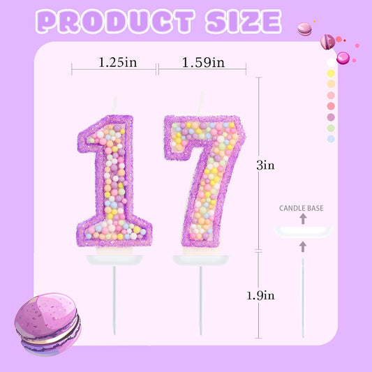 Purple Birthday Candles - Number 17 Candle, Colorful Macaron Candles, 17 Birthday Decorations for Girls, Purple Cake Decorations, Theme Party Supplies