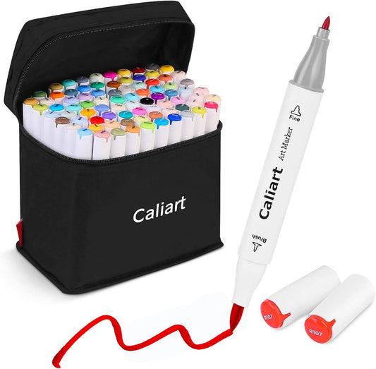 Caliart Alcohol Markers, 81 Colors Fine & Brush Dual Tip Colored Markers for Adults Coloring Books Artists Illustration Sketch, Permanent Art Pen Set Drawing Supplies Gift