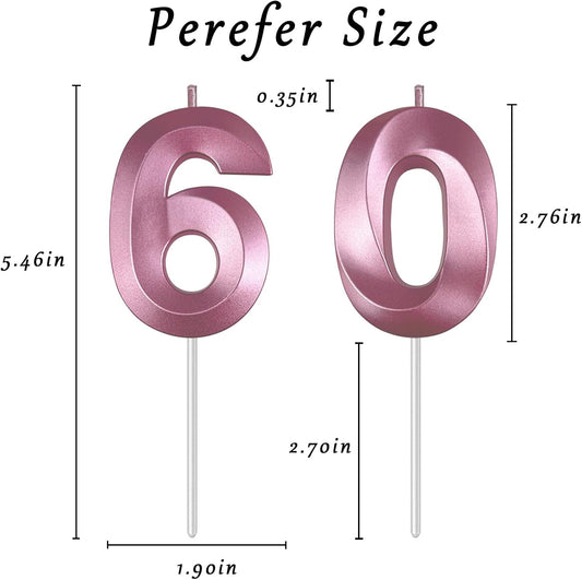 Pink Number 60 Candles, 3D Diamond 2.76 Inch Cake Topper Birthday Candles for Wedding Anniversary Cake Decorations, Happy Birthday Party Decorations