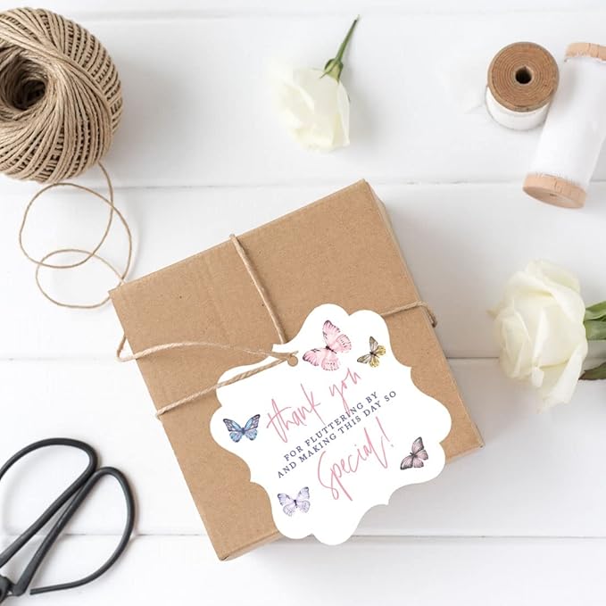 Andaz Press Fancy Frame Kids Party Favor Thank You Tags with String, 48-Pack Butterfly Birthday Gift Tags for Gift Bags, Favor Bags, Goody Bags, Girls, Pastel Butterfly 1st Birthday Party Favors
