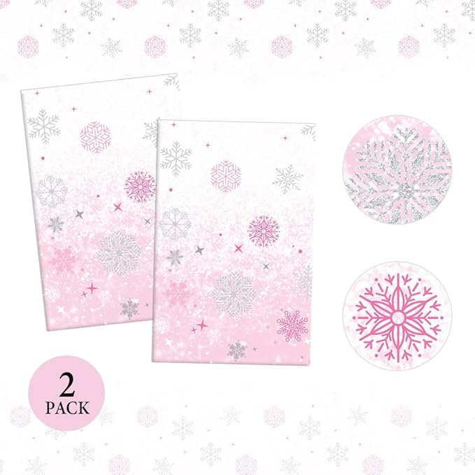 2 PCS Pink Plastic Snowflake Tablecloth(54x108 Inch) Frozen Birthday Winter Wonderland Decorations Disposable Table Cover Tablecloths for Christmas Holiday New Year Party Favors Supplies Decor