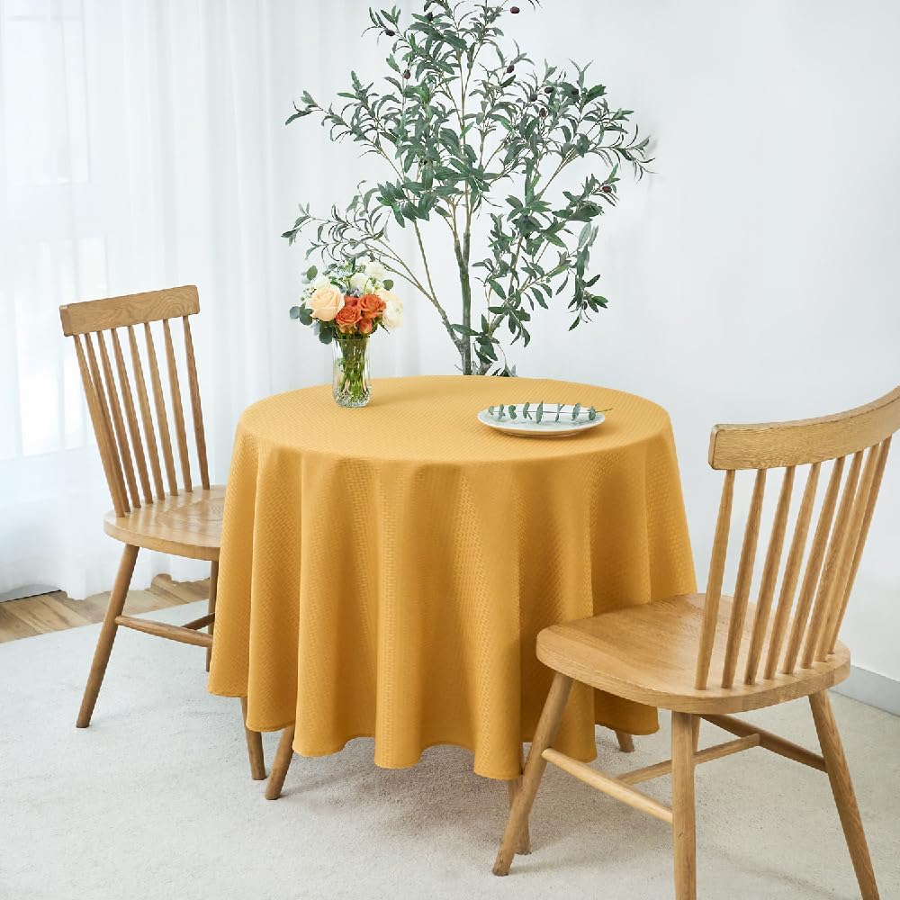 maxmill Round Weaved Texture Design Tablecloth Spill-Proof Wrinkle Free Soft Washable Table Cloth for Circular Table Cover, for Dining Room Banquet Parties Holiday Dinner, 70 Inch Ochre Yellow