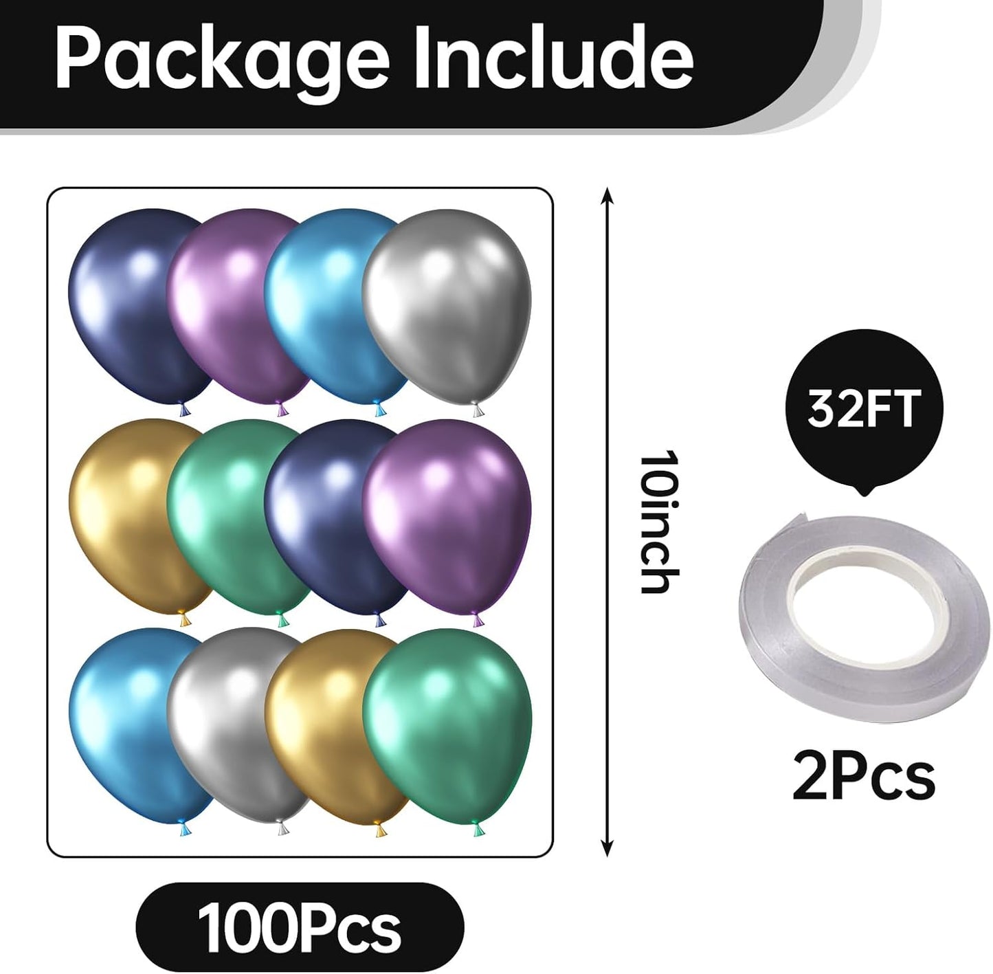 KALOR 10 Inch Metallic Multicolor Balloons, 100 Pcs Latex Helium Metallic Balloons for Kid's Birthday Party Baby Shower Wedding Graduation Graduation Party Decorations