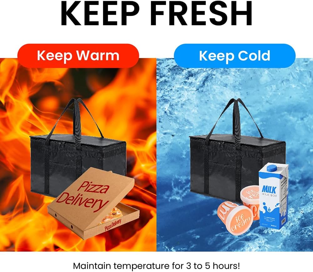 Durable XXL PRO Insulated Cooler Bag and Food Warmer for Delivery & Grocery Shopping with Zippered Top, Red Commercial Grade (1 Pack)