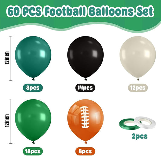 Paready Football Balloons Set, 60Pcs Green Football Printed Balloon, 12Inch Dark Green Black Retro Ivory White Latex Balloons for Boys Men Birthday Sports Football Themed Birthday Party Decorations