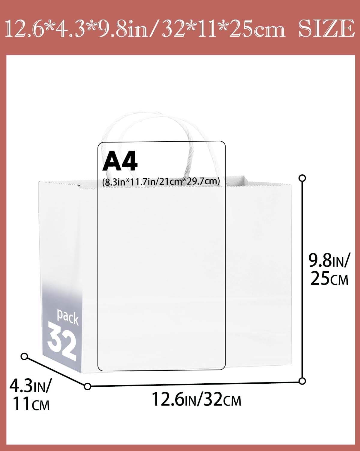 qiqee 50-Packs White Paper Gift Bags with Handles Bulk 12.6"x4.3"x10" Wide Large Size Party Favor Bags Multiple Uses