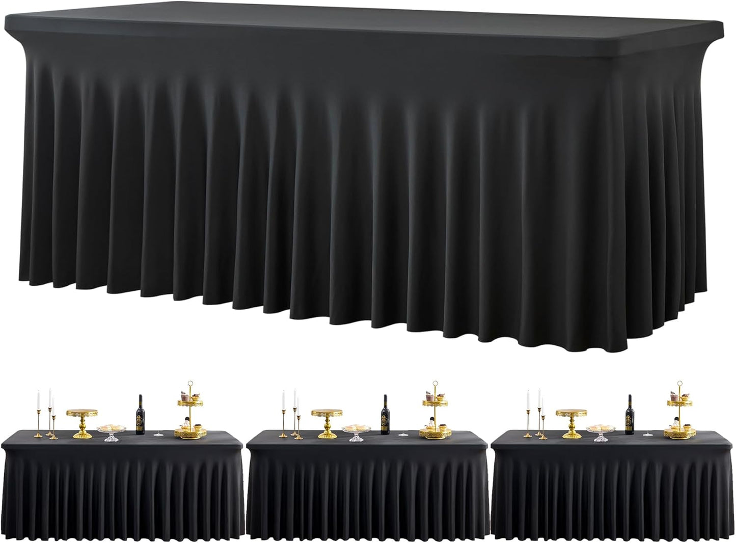 Black Spandex Tablecloth for 6 Foot Rectangle Tables, 3 Pack Fitted Table Cloths 6ft Stretchy Table Clothes Cover Desk Skirt for Parties Weddings Birthday Graduation Banquet