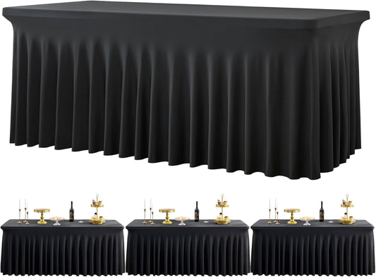 Black Spandex Tablecloth for 6 Foot Rectangle Tables, 3 Pack Fitted Table Cloths 6ft Stretchy Table Clothes Cover Desk Skirt for Parties Weddings Birthday Graduation Banquet