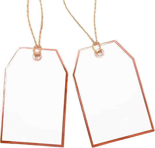 ASYEHJNR 100Pcs Blank Gift Tags with String Attached Foil Rose Gold Frame Large White Paper Gift Tags Presents with 65 Ft Jute Twine for Birthday Wedding Baby Shower Graduation Gift Wrap Tag