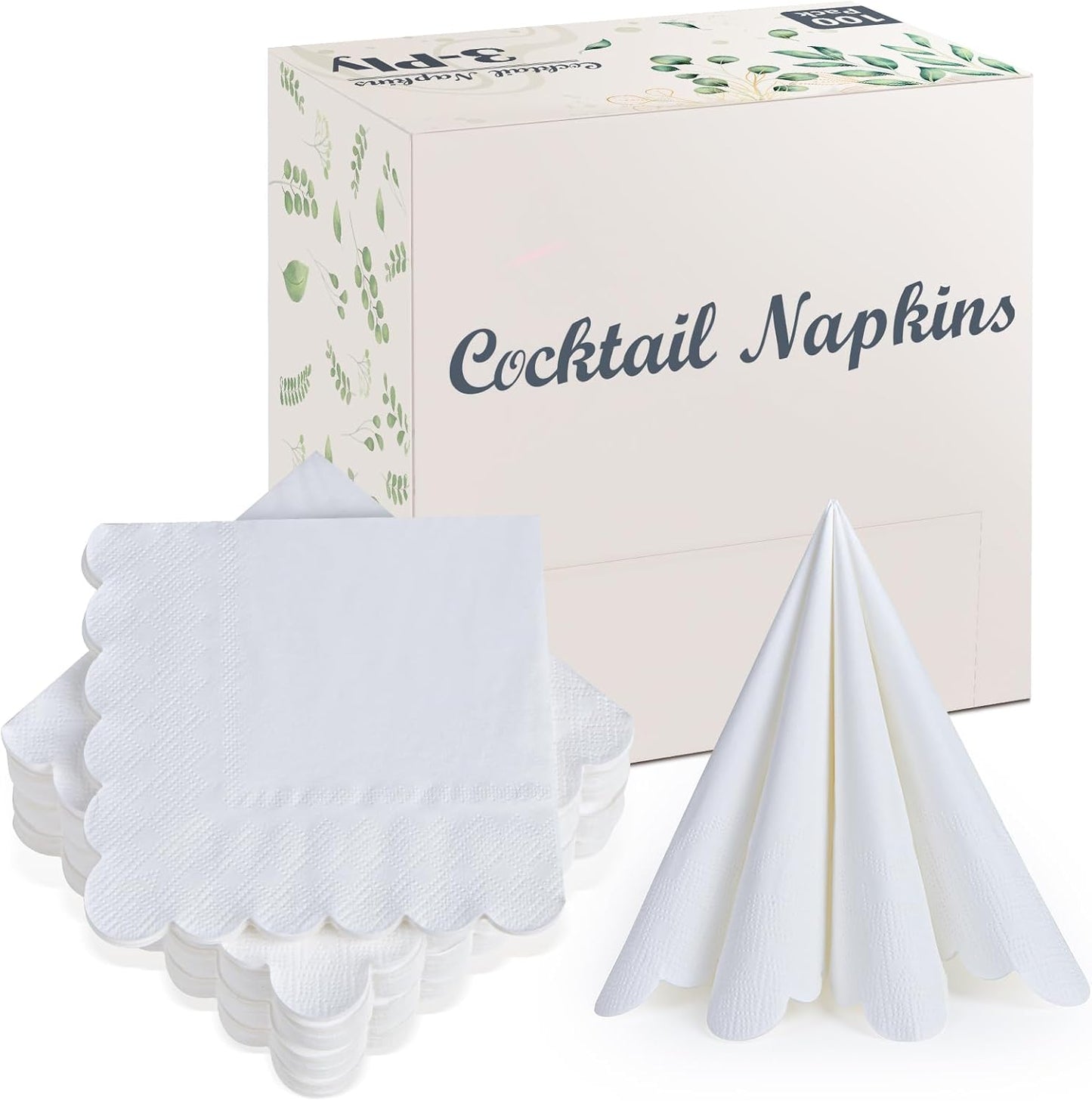 100 Pack Cocktail Napkins, 3-Ply Scalloped Edged Wedding Napkins Folded 5 x 5 Inches Dessert Napkins, Disposable Napkins for Dinner Birthday Party Bridal Anniversary Baby Shower Reception (White)