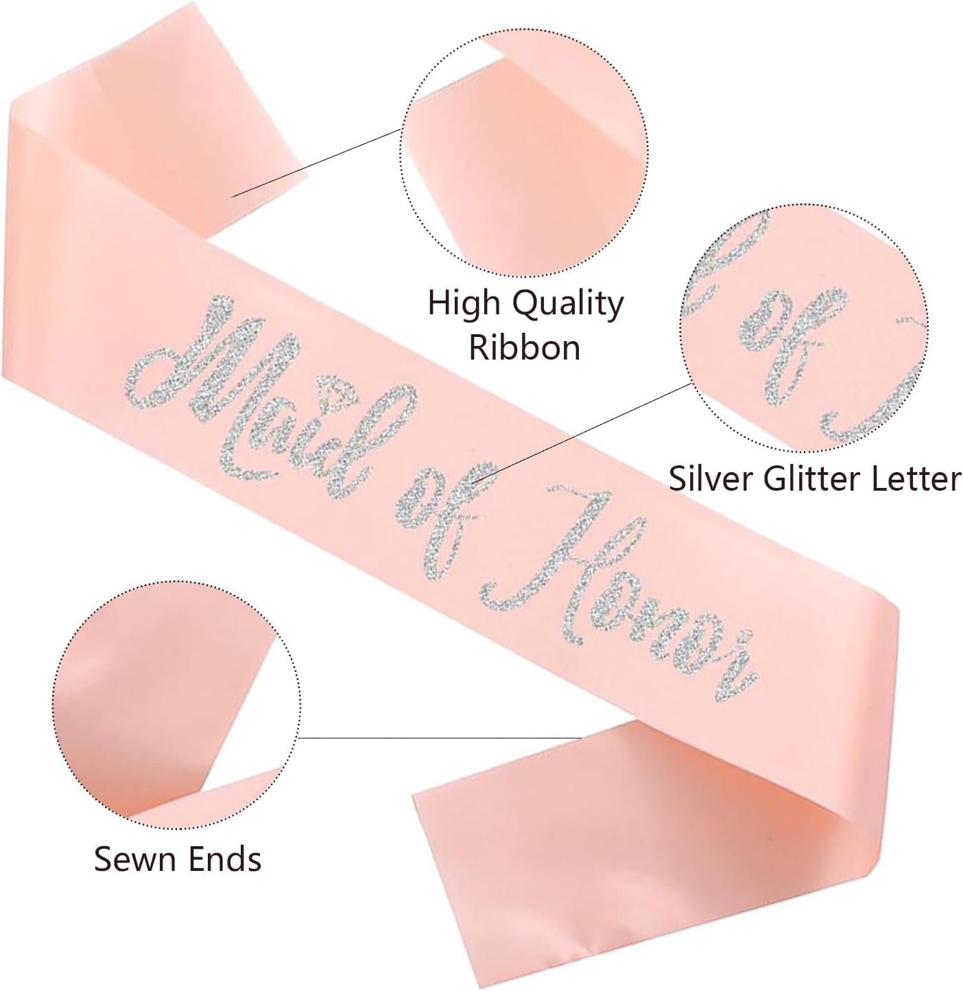 Maid of Honor Sash, Rose Gold Sash with Silver Glitter Letter Bachelorette Party Sash for Bridal Shower Wedding Party Accessories Supplies Engagement Gifts