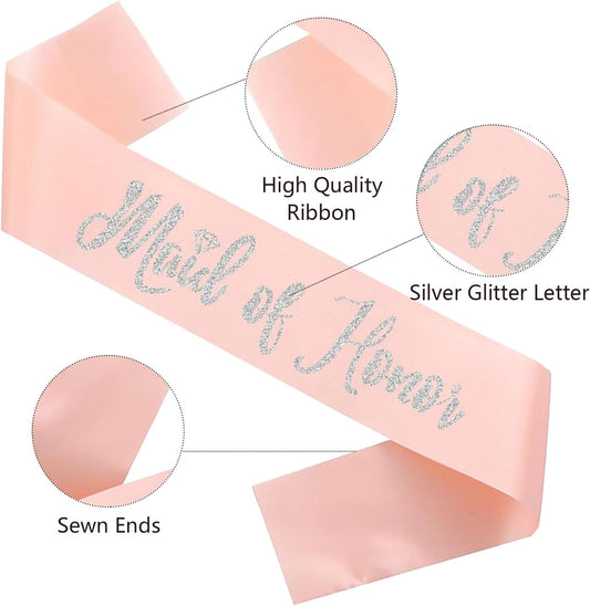Maid of Honor Sash, Rose Gold Sash with Silver Glitter Letter Bachelorette Party Sash for Bridal Shower Wedding Party Accessories Supplies Engagement Gifts