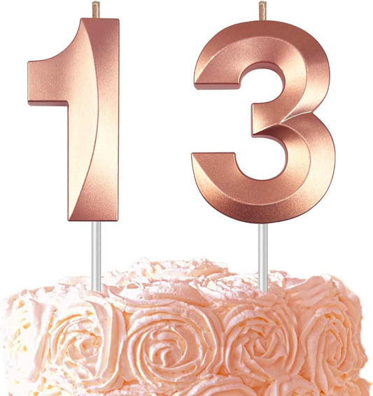 Rose Gold Number 13 Candles, 3D Diamond 2.76 Inch Cake Topper Birthday Candles for Wedding Anniversary Cake Decorations, Happy Birthday Party Decorations