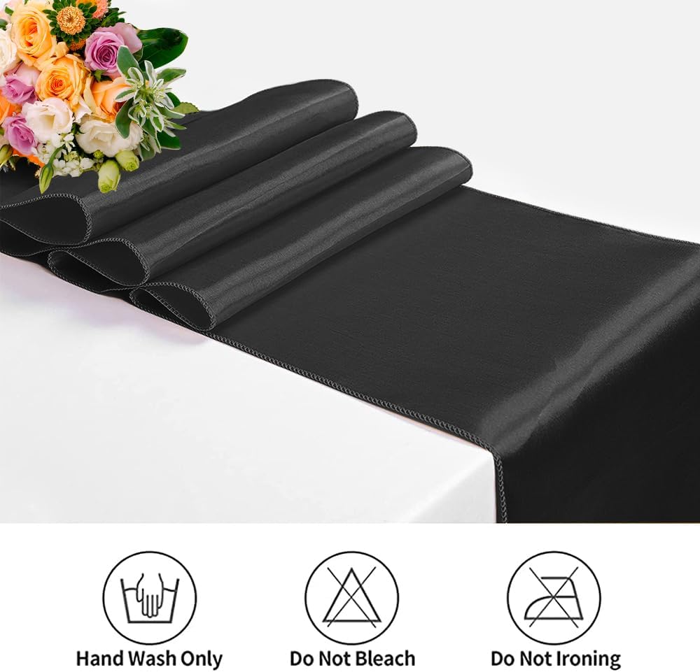 12 Pack Satin Table Runner 12 x 108 Inch Long Satin Table Runners for Wedding Banquet Graduations Birthday Party Decoration (Black)