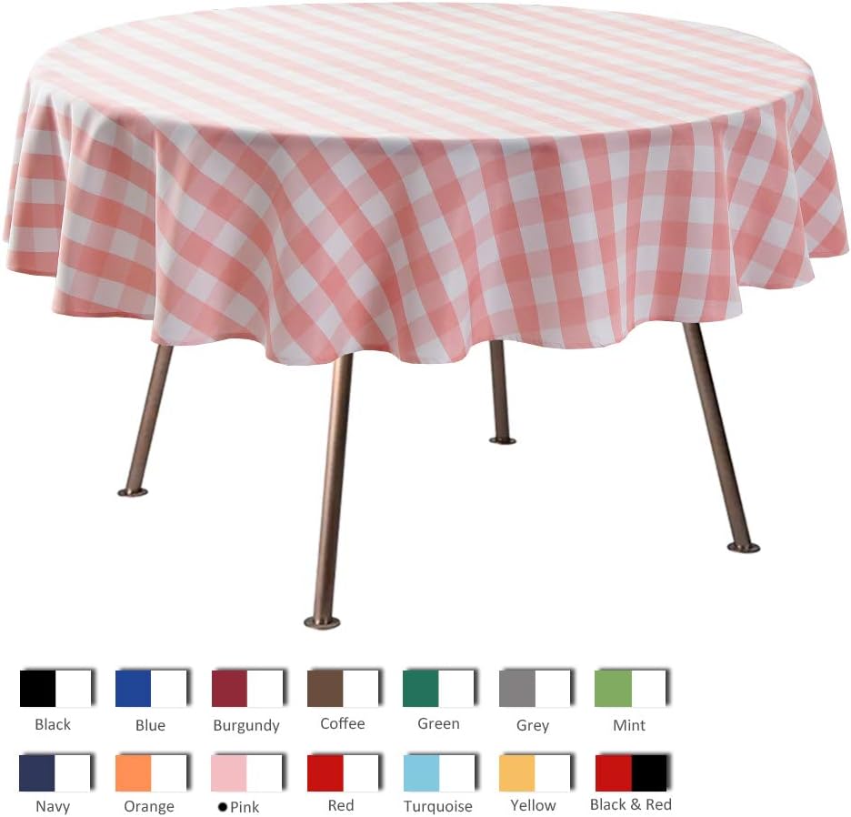maxmill Round Checkered Tablecloth Spillproof Wrinkle Free Heavy Weight Gingham Table Cloth for Circular Table Cover Buffalo Plaid for Buffet Banquet Parties Holiday Dinner 70 Inch Pink and White