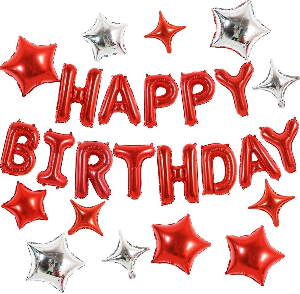 TONIFUL 35PCS Red Happy Birthday Decorations Kit 16 Inch Happy Birthday Balloon Banner with Star Balloons Mylar Foil Birthday Party Decorations Supplies for Men Women Adults Girls Boys Kids
