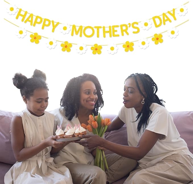 Happy Mother's Day Banner Set Decoration for Mother's Day Party Decorations Backdrop Garland for Mom Mother's Day Glitter Garland Photo Props (Gold Daisy)