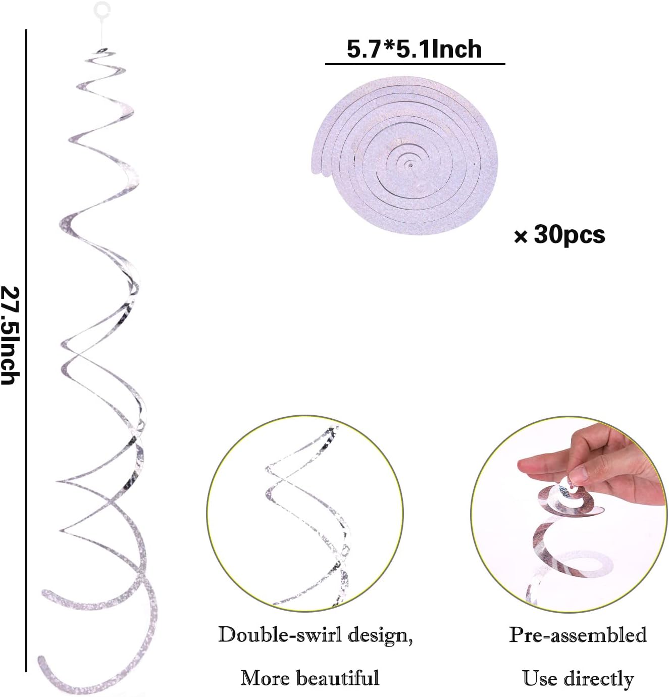 30 Pieces Silver Swirl Hanging Decorations, Shimmer Plastic Streamer Foil Swirls for Ceiling, Photo Booth Props Party Supplies for Birthday Wedding Baby Shower Engagement Disco Holiday Decorations