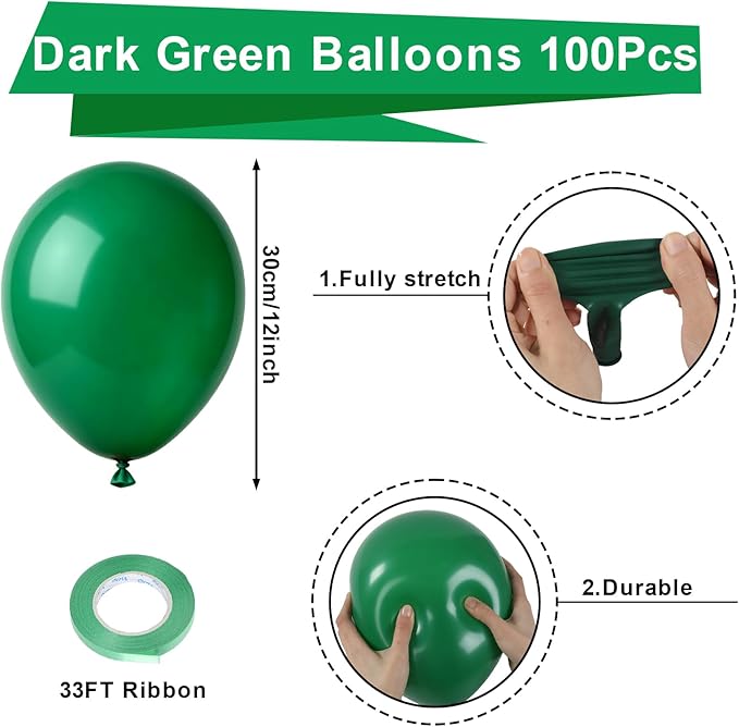 Patimate Dark Green Balloons - 100pcs 12 Inch Forest Green Latex Party Balloons for Christmas Jungle Football Tropical Safari Wedding Graduation Birthday Party Decorations