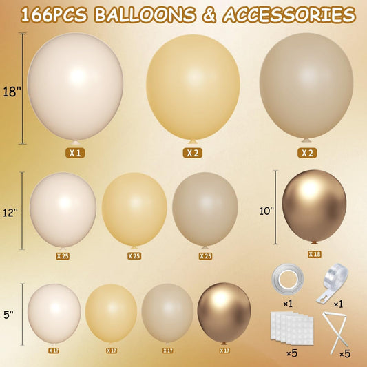 Boho Nude Neutral Balloon Arch Kit, 166Pcs Pastel Brown Maca Light Orange Nude Champagne Gold Metallic Balloons Garland for Baby Shower Gender Reveal Birthday Party Decoration