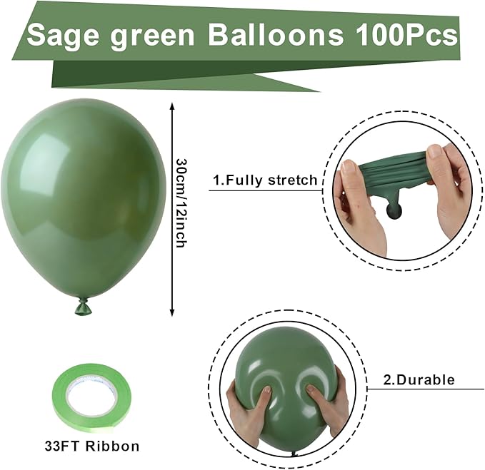 Patimate Sage Green Balloons 100 Pack 12 inch Olive Green Latex Party Balloons for Birthday Wedding Decor Safari Baby Shower Jungle Woodland Party Decorations Arch Garland