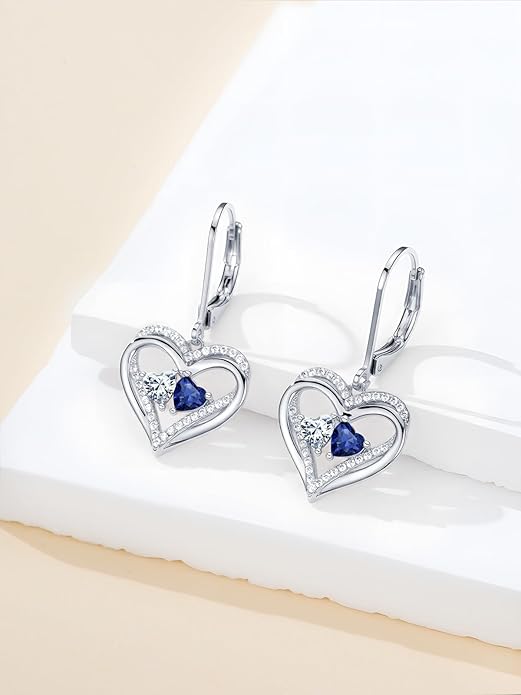 Valentines Day Gifts for Women, Heart Leverback Earrings Double Birthstone Dangle Earrings for Women, Love Jewelry for Her, Anniversary Birthday Gift for Mom Wife Girlfriend