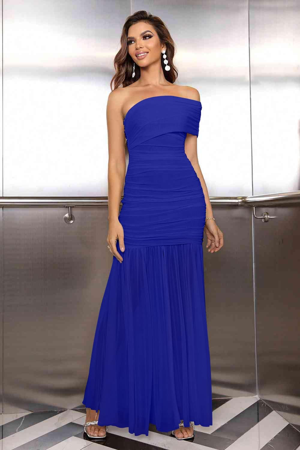 LAGSHIAN Women's Elegant Formal Long Dress One Shoulder Sleeveless Ruched Bodycon Evening Dress