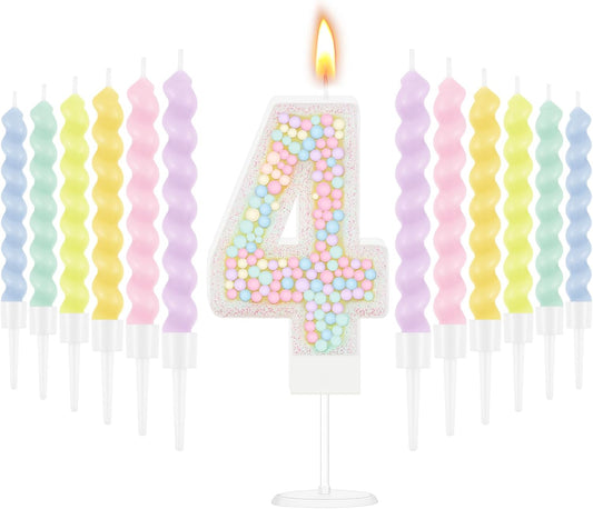 MTLEE Number 4 Birthday Candle with 12 Pcs Spiral Candles for Girls Macaron Pastel Rainbow Unicorn Pink Cake Topper for Sweet Theme Party Decoration