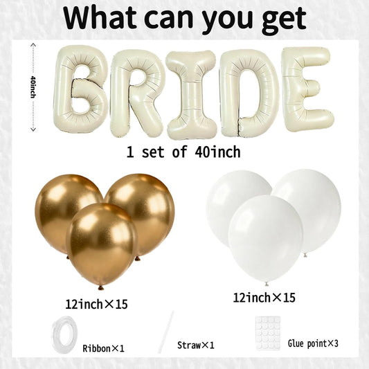 40Inch BRIDE Balloons- Metallic Gold Pearl White Balloons with Large Cream White BRIDE Foil Banner Letter Sign for Wedding Bridal Shower Engagement Bachelorette Party Decorations
