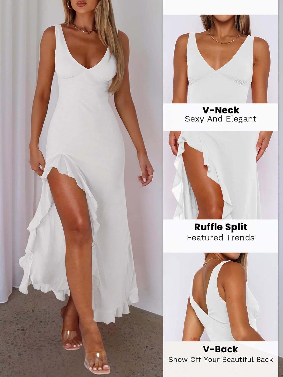 Women Sexy V Neck Sleeveless Mesh Ruffle Hem Bodycon Maxi Casual Backless High Slit Cocktail Party Dress