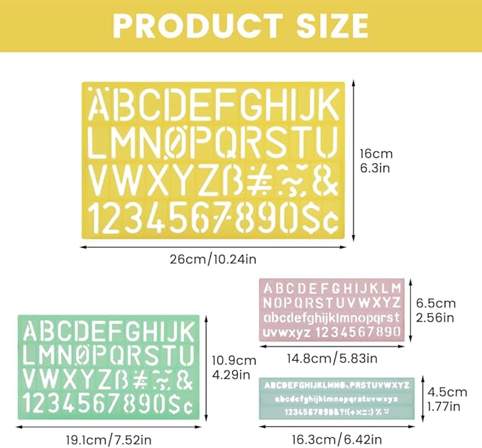 Alphabet Stencils Set of 4, Plastic Letter & Number Stencils 4 Sizes, Ruler Guide Lines for Learning, Painting, Scrapbooking DIY, 4 Colours