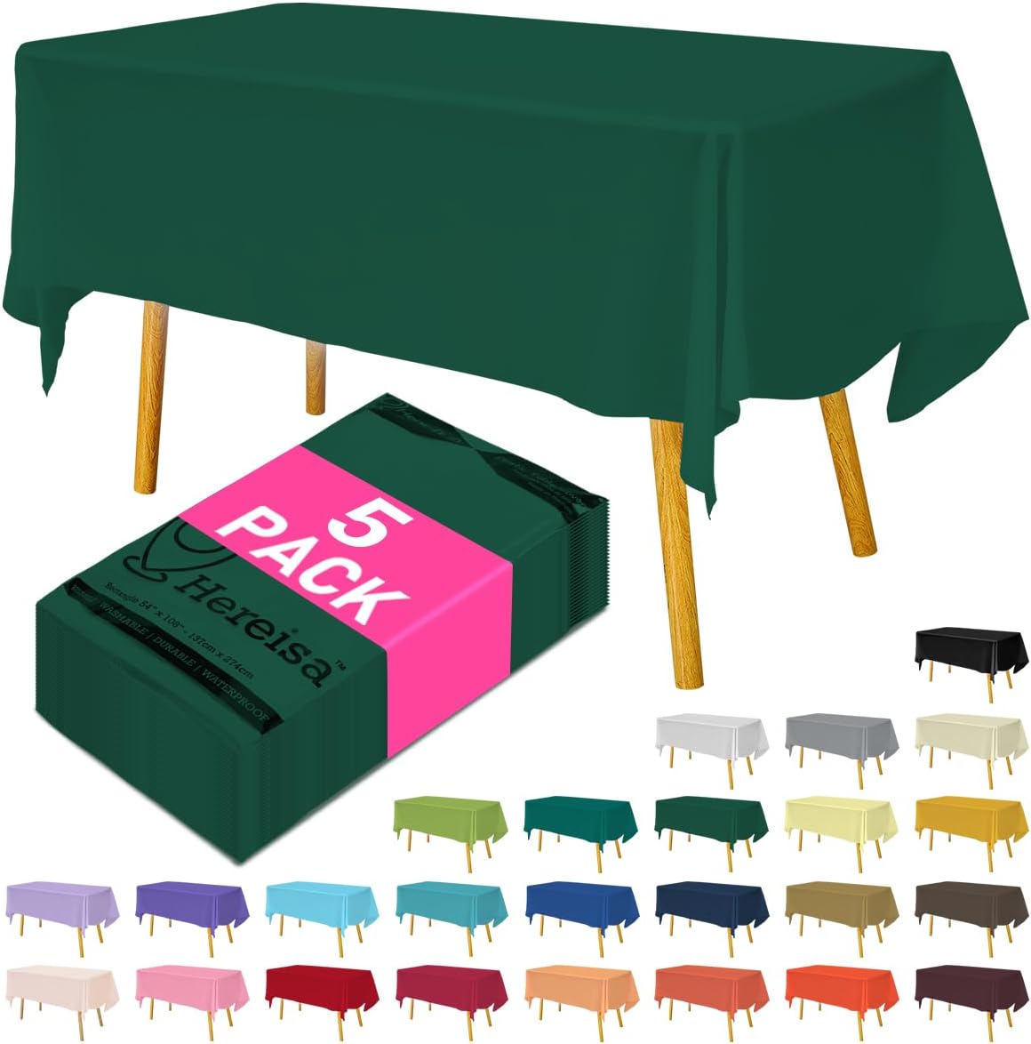 Disposable Plastic Tablecloth Dark Green 54x108 Inch, 5-Pack Waterproof Rectangular Table Cover for Parties, Picnics, Dining Protection