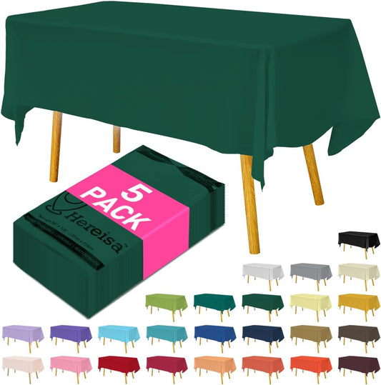 Disposable Plastic Tablecloth Dark Green 54x108 Inch, 5-Pack Waterproof Rectangular Table Cover for Parties, Picnics, Dining Protection