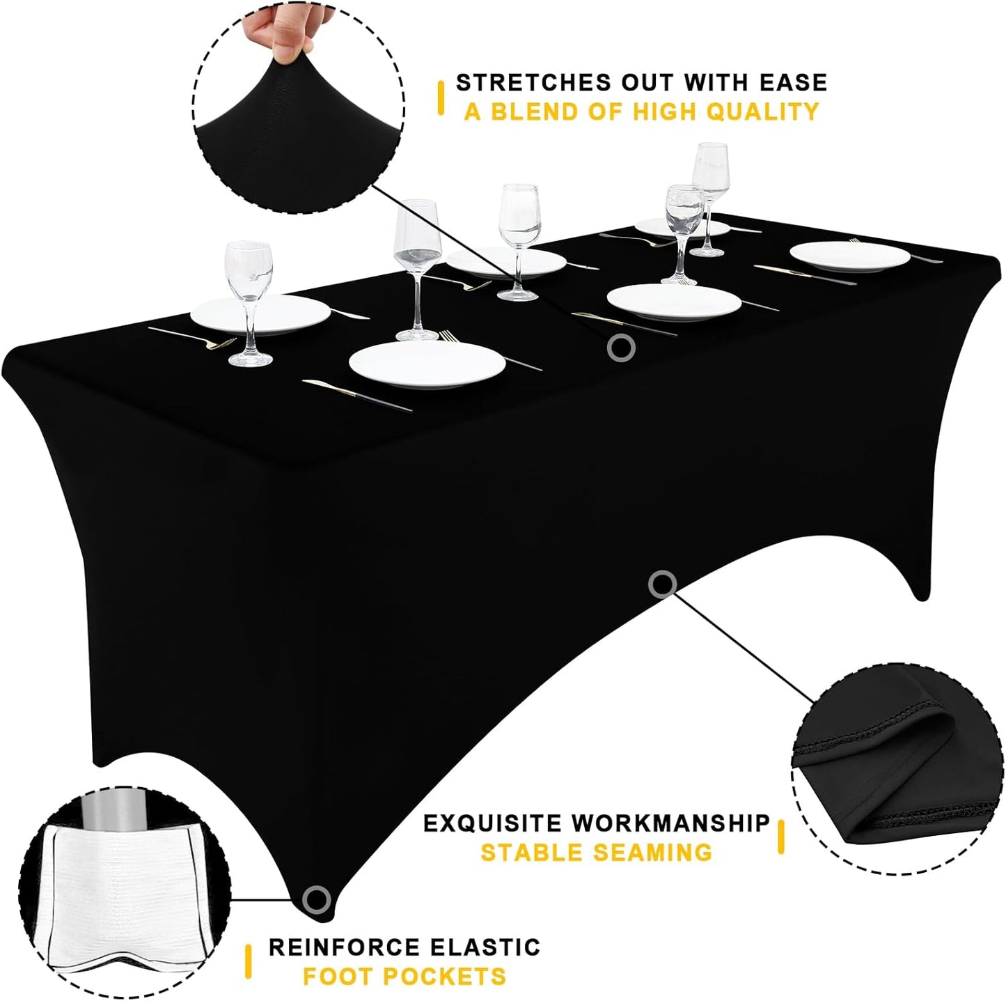 Smiry 2 Pack Spandex Table Cloth 6FT, Elastic Fitted Stretch Tablecloths, Washable and Wrinkle Free Rectangular Patio Table Cover for Outdoor, Wedding, Banquet & Parties (Black, 72Lx30Wx30H Inch)