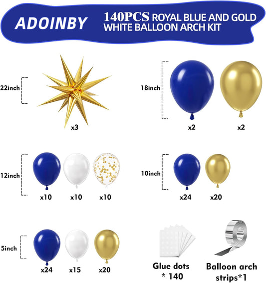 Blue and Gold Balloon Arch Kit, Explosion Star Royal Dark Blue and Metallic Gold White Balloons 22 18 12 10 5 Inch Different Size Balloons for Anniversary Wedding New Year Birthday Decorations