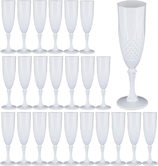 Plastic Champagne Flutes,24PCS White Solid Wine Glasses Goblets Shatterproof Mimosa Bar Reusable Vintage Champagne Flutes Stemmed Drinking Cups for Weddings, Bachelor Parties, Toasting,Cava, Prosecco