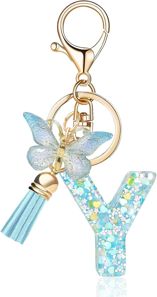 Fashion Alphabet Initial Letter Keychain Tassel Butterfly Pendant Key Ring for Purse Handbags Women Girl