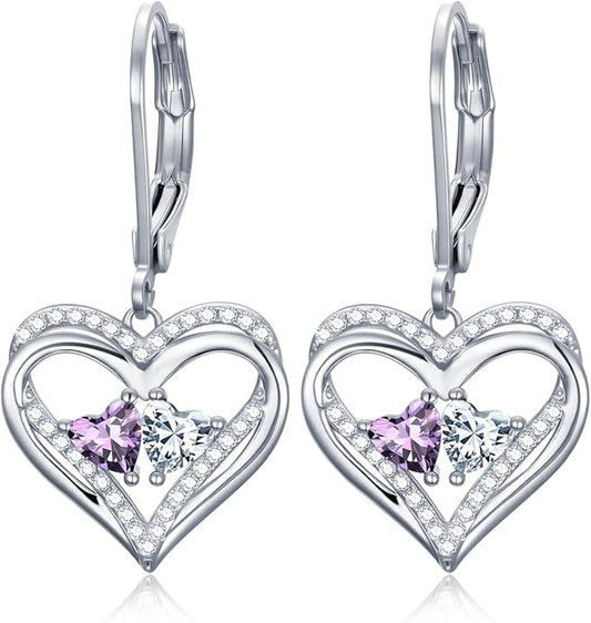 Valentines Day Gifts for Women, Heart Leverback Earrings Double Birthstone Dangle Earrings for Women, Love Jewelry for Her, Anniversary Birthday Gift for Mom Wife Girlfriend