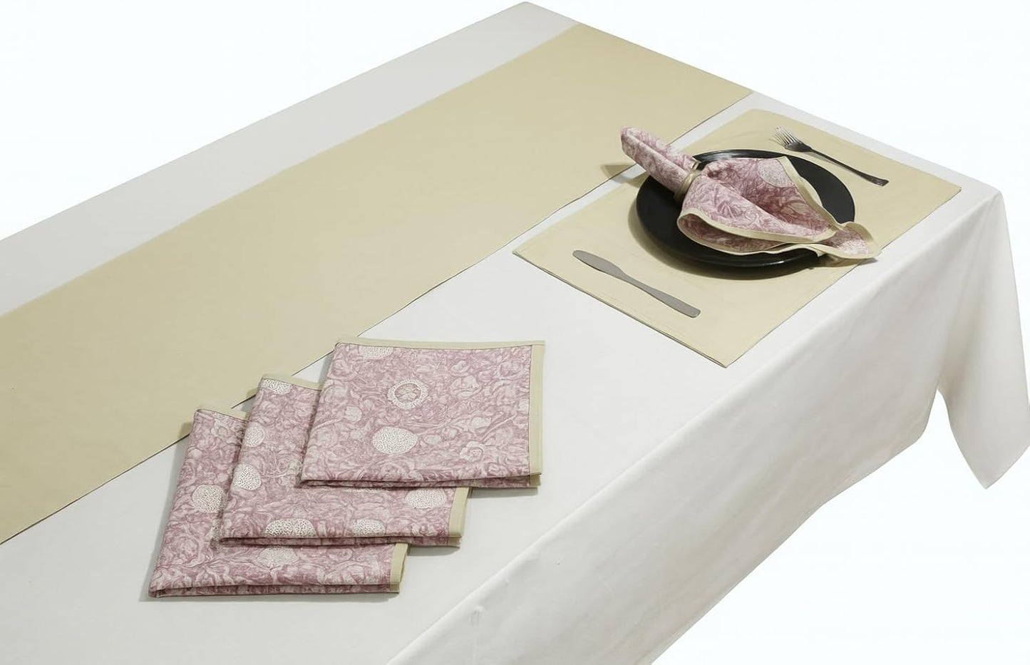 Indtresor Indian Heritage Fabric Cotton Table Linen Reversible Set Runner Napkins Mats in Pink Beige