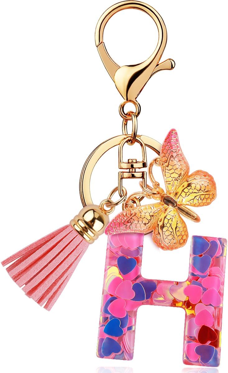 ChunlongFour Initial Letter Keychain for Women Girl Bag Charm Butterfly Tassel Keychain for Wallet Car Key Backpack Handbag